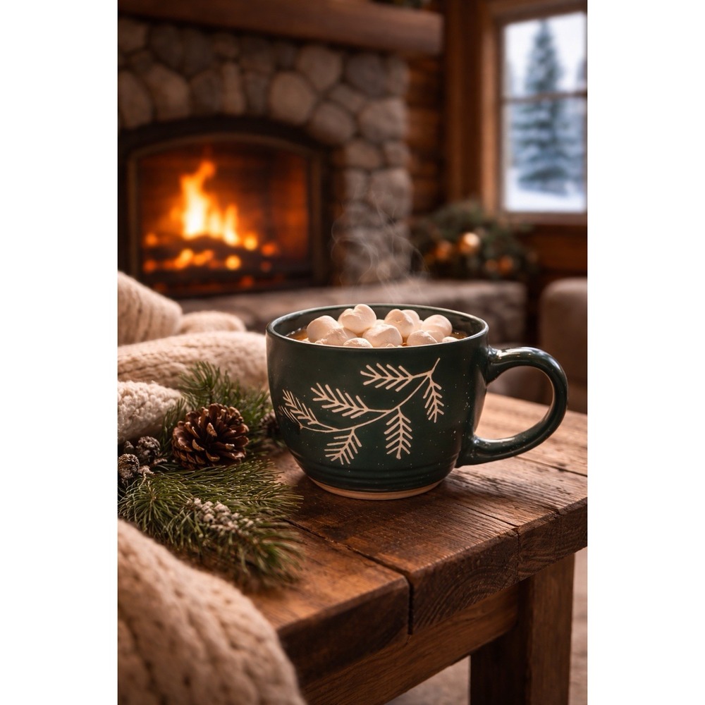 Peppermint & Pine Green Stoneware Mug Etched‎ Pine Needles Design